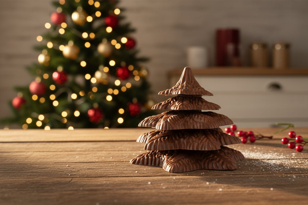 Stack of chocolate cookies shaped like a Christmas tree on a wooden table with a decorated Christmas tree in the background.