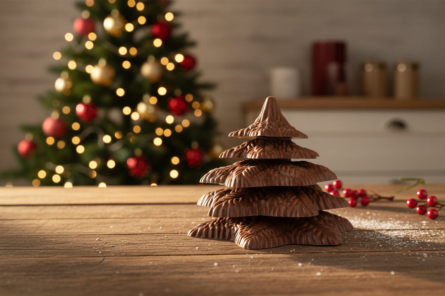 Stack of chocolate cookies shaped like a Christmas tree on a wooden table with a decorated Christmas tree in the background.