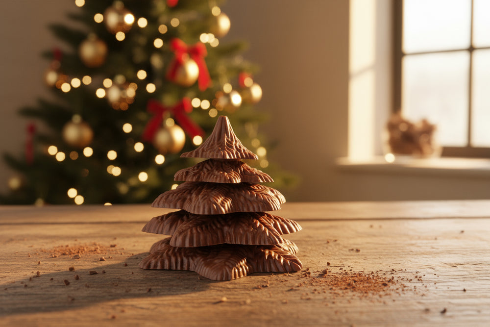 Stack of chocolate Christmas trees on a wooden surface with a decorated tree in the background.