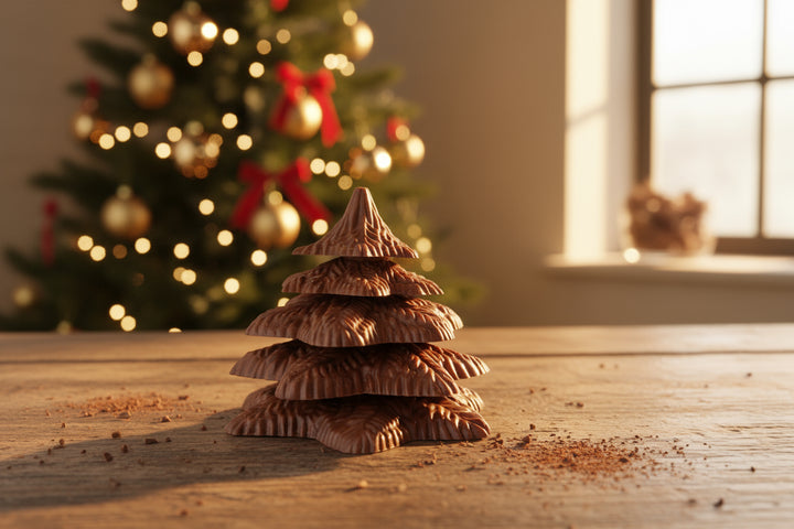 Stack of chocolate Christmas trees on a wooden surface with a decorated tree in the background.