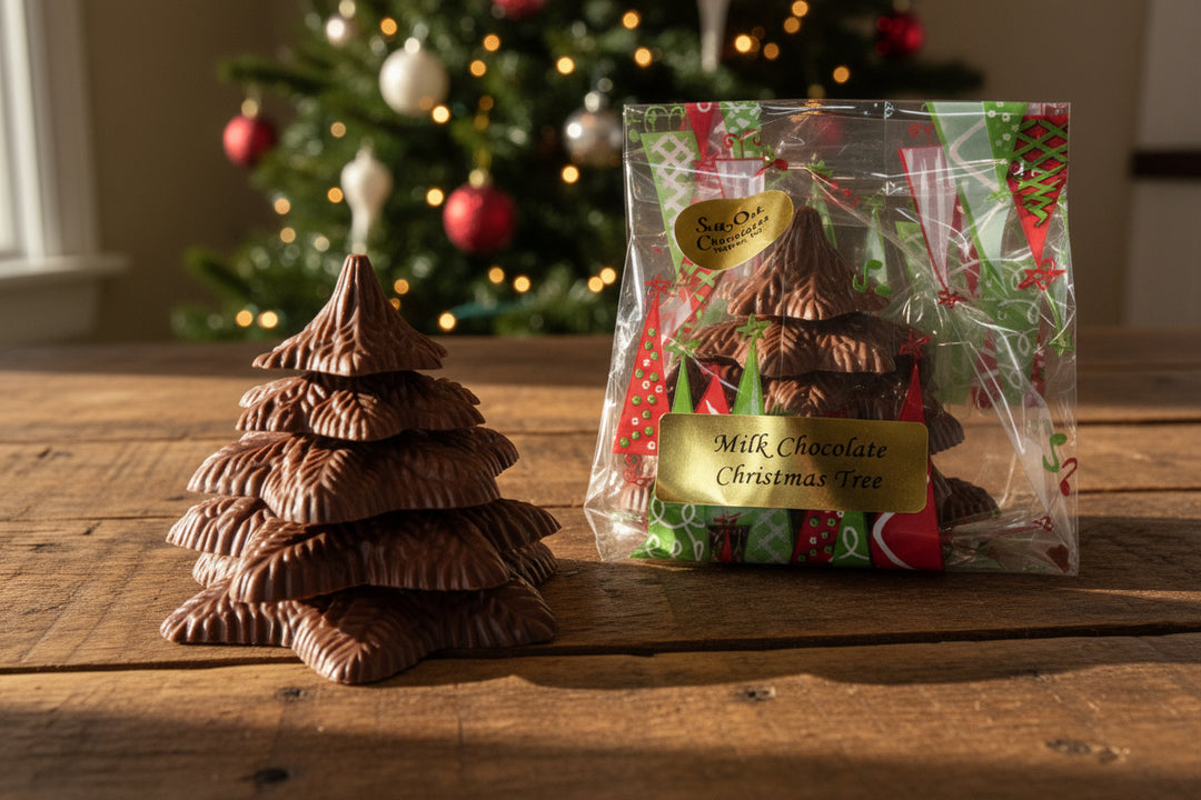Chocolate Christmas trees and a wrapped chocolate gift on a wooden table with a decorated Christmas tree in the background.