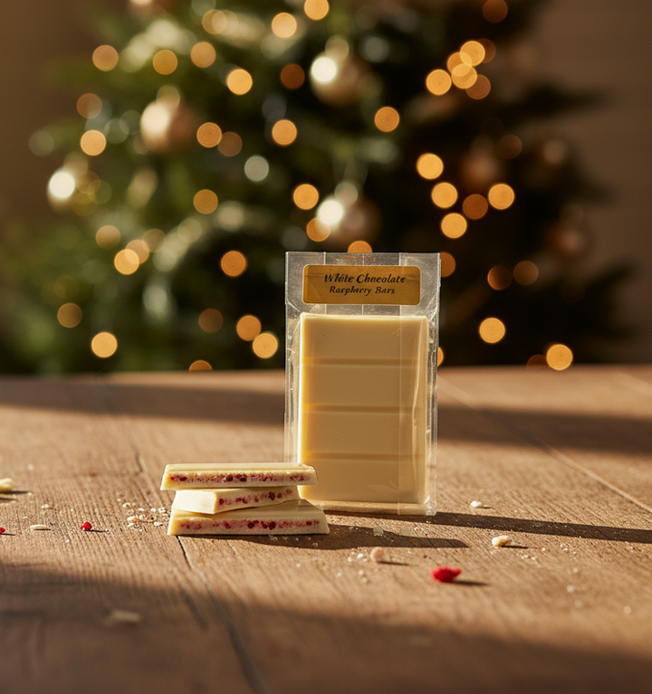 White chocolate bars with raspberry pieces on a wooden surface, Christmas tree in the background